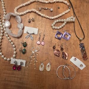 Costume jewelry lot Faux Pearl, Sea shell necklace, earrings -Abalone inlay-